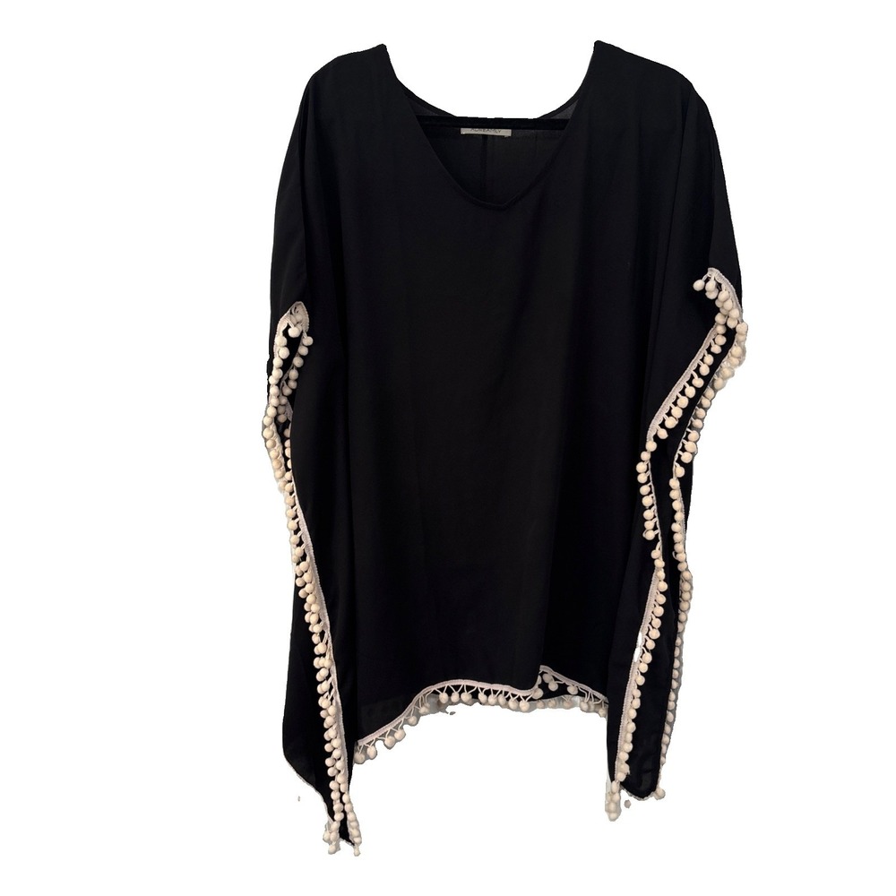 ADREAMLY Women Black Pom Pom Trim Kaftan Chiffon Beach Cover Up Boho One Size